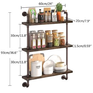 PUSDON Industrial Pipe Shelving Wall Mounted 24 Inch, 3 Tier Bathroom Floating Shelves Bronze Metal, Wood Hanging Storage Bookshelf, Heavy Duty Sturdy Rack for Home Office Garage Farmhouse Bar