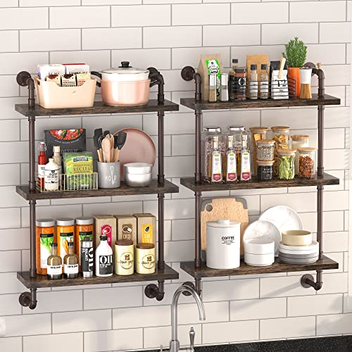 PUSDON Industrial Pipe Shelving Wall Mounted 24 Inch, 3 Tier Bathroom Floating Shelves Bronze Metal, Wood Hanging Storage Bookshelf, Heavy Duty Sturdy Rack for Home Office Garage Farmhouse Bar