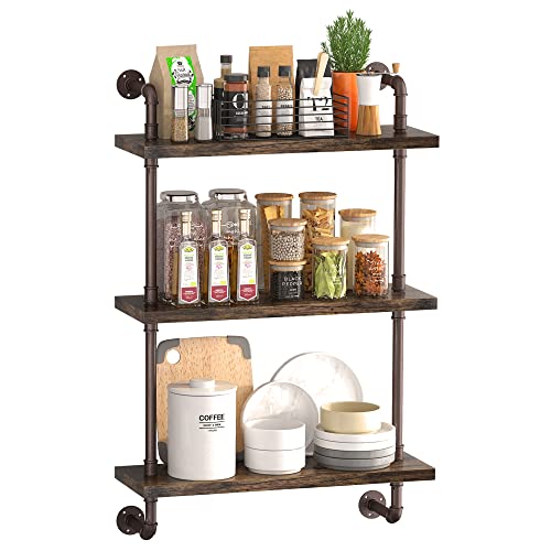 PUSDON Industrial Pipe Shelving Wall Mounted 24 Inch, 3 Tier Bathroom Floating Shelves Bronze Metal, Wood Hanging Storage Bookshelf, Heavy Duty Sturdy Rack for Home Office Garage Farmhouse Bar