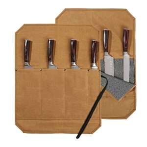 denifiter knife roll, professional chef's knife bag with anti cutting fabric inside & 4 knife slots heavy duty 16oz waxed canvas (khaki)
