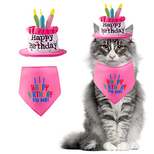 Ushang Pet Cat Happy Birthday Hat with Colorful Candles, Pink Cat Birthday Cake Hat & Birthday Bandana Scarfs Set for Small Animals, Cat Birthday Party Decorations