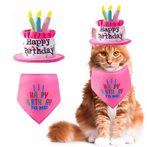 Ushang Pet Cat Happy Birthday Hat with Colorful Candles, Pink Cat Birthday Cake Hat & Birthday Bandana Scarfs Set for Small Animals, Cat Birthday Party Decorations