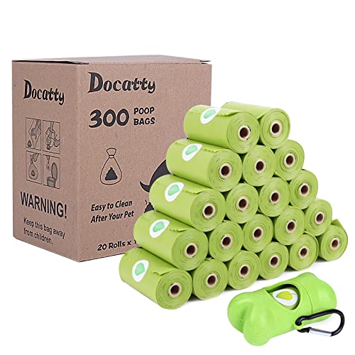 Docatty Dog Poop Bags, 20 Rolls, 300 Bags, 9 x 13 Inch Waste Dog Bag Refill Rolls for Poop with Dispenser, Extra Thick, Leak Proof, Scented Dog Waste Bags for Dogs and Cats