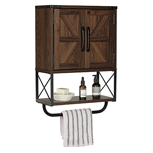 RUSTOWN Farmhouse Rustic Medicine Cabinet with Two Barn Door,Wood Wall Mounted Storage Cabinet with Adjustable Shelf and Towel Bar, 3-Tier Bathroom Cabinet for Bathroom, Living Room (Dark Walnut)