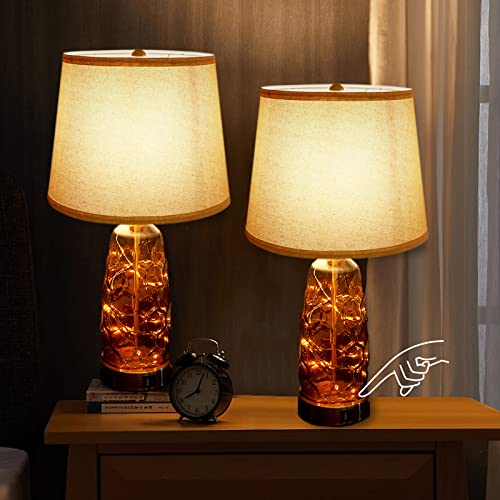 YAMEIWAN Bedside Lamps Set of 2 for Bedroom - Nightstand Lamps with 20W QC3.0 USB Charging Ports - Table Lamp with 3-Way Dimmable Touch Control for Living Room, Modern Glass and Fairy Lights