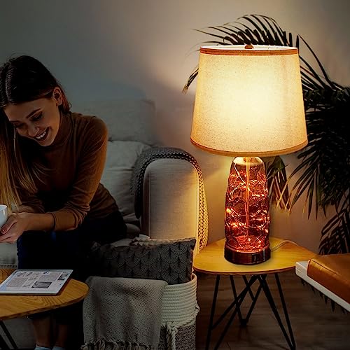 YAMEIWAN Bedside Lamps Set of 2 for Bedroom - Nightstand Lamps with 20W QC3.0 USB Charging Ports - Table Lamp with 3-Way Dimmable Touch Control for Living Room, Modern Glass and Fairy Lights