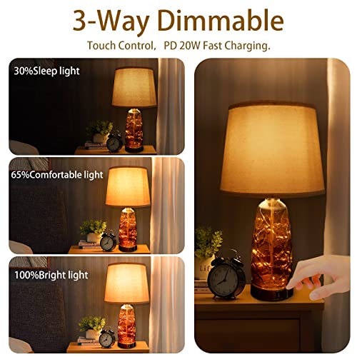 YAMEIWAN Bedside Lamps Set of 2 for Bedroom - Nightstand Lamps with 20W QC3.0 USB Charging Ports - Table Lamp with 3-Way Dimmable Touch Control for Living Room, Modern Glass and Fairy Lights