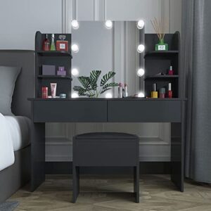 avzear vanity set with led lighted mirror, large vanity dressing table with cushioned stool makeup vanity mirror with lights, black