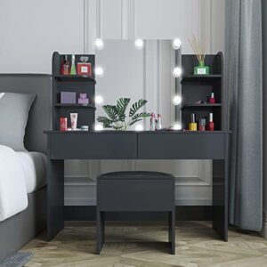 levnary vanity set with lighted mirror, makeup vanity table with lights, makeup desk dressing table with 2 large storage drawers & cushioned stool for bedroom (black)