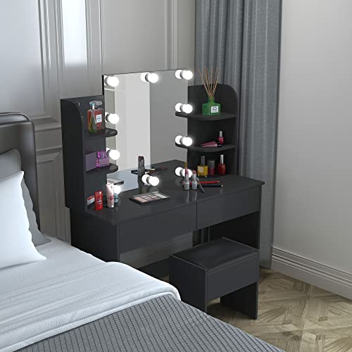 LEVNARY Vanity Set with Lighted Mirror, Makeup Vanity Table with Lights, Makeup Desk Dressing Table with 2 Large Storage Drawers & Cushioned Stool for Bedroom (Black)