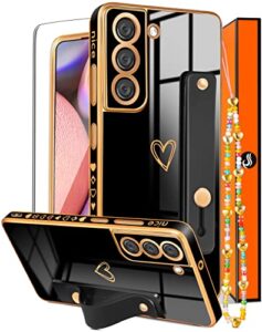likiyami (3in1 for samsung galaxy s21 fe 5g/4g case heart women girls cute girly aesthetic trendy luxury pretty with loop phone cases black and gold plating love hearts cover+screen+chain-6.4 inch