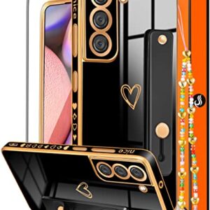 Likiyami (3in1 for Samsung Galaxy S21 FE 5G/4G Case Heart Women Girls Cute Girly Aesthetic Trendy Luxury Pretty with Loop Phone Cases Black and Gold Plating Love Hearts Cover+Screen+Chain-6.4 inch