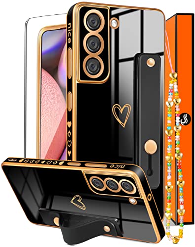 Likiyami (3in1 for Samsung Galaxy S21 FE 5G/4G Case Heart Women Girls Cute Girly Aesthetic Trendy Luxury Pretty with Loop Phone Cases Black and Gold Plating Love Hearts Cover+Screen+Chain-6.4 inch