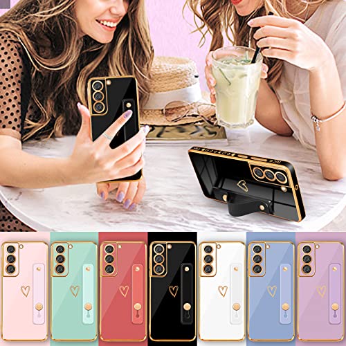 Likiyami (3in1 for Samsung Galaxy S21 FE 5G/4G Case Heart Women Girls Cute Girly Aesthetic Trendy Luxury Pretty with Loop Phone Cases Black and Gold Plating Love Hearts Cover+Screen+Chain-6.4 inch