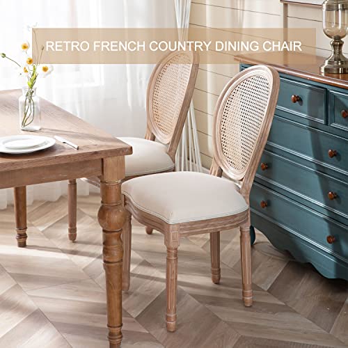 Virabit French Dining Chairs Set of 4, Rattan Farmhouse Upholstered Dining Chairs with Curved Backrest and Beautifully Carved Solid WoodFrame for Living Room, Kitchen, Restaurant