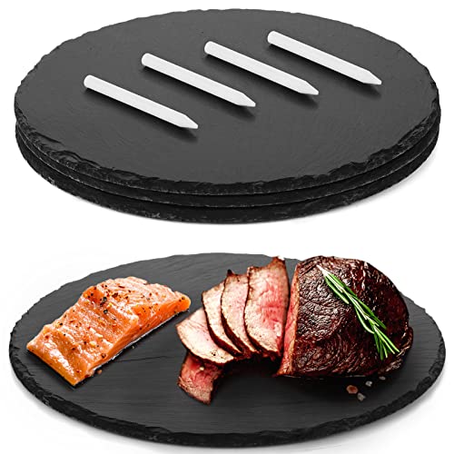 GOH DODD 12 x 12 Inch 3 Pieces Slate Cheese Boards, Round Black Stone Plates Placemats Gourmet Serving Tray Display Chalkboard for Charcuterie Meat Cake Fruit Meat Appetizers Dried Fruits Sussi