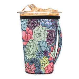 tropical succulent iced coffee cup sleeve with handle for cold drinks beverages vintage succulent reusable neoprene cup holder insulator sleeve 30-32oz