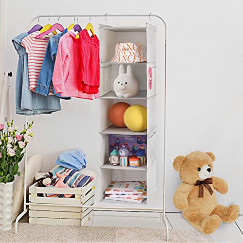 Vailando Hanging Closet Organizer 5-Shelf, Hanging Shelves for Closet with 4 Side Pockets, Linen, 11.8''W x 11.8''D x 47.2''H, Grey