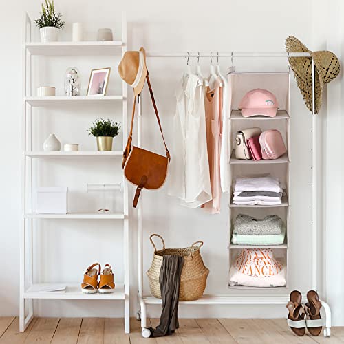 Vailando Hanging Closet Organizer 5-Shelf, Hanging Shelves for Closet with 4 Side Pockets, Linen, 11.8''W x 11.8''D x 47.2''H, Grey