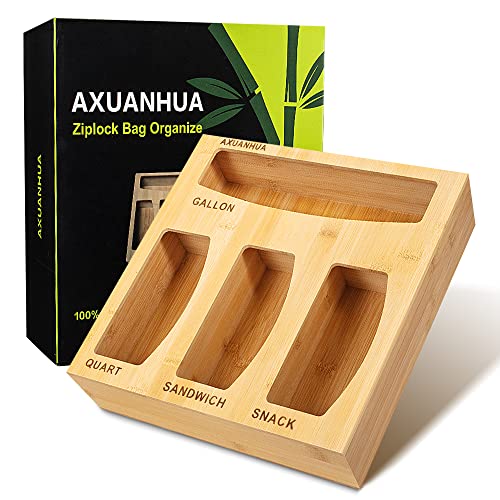 AXUANHUA Ziplock Bag Organizer, Wooden Food Ziplock Bag Organizer for Drawer or Wall Mount, 4 in 1 Ziplock Bag Storage Organizer, Compatible with Gallon Bag, Quart Bag, Sandwich Bag and Snack Bag