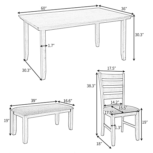 GLORHOME Piece Kitchen Dining Set for 6, Farmhouse Rustic Style Rectangular Wood Table and 4 Chairs 1 Bench with Padded Cushion for Family, Gray, Dark Grey