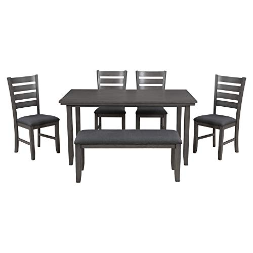 GLORHOME Piece Kitchen Dining Set for 6, Farmhouse Rustic Style Rectangular Wood Table and 4 Chairs 1 Bench with Padded Cushion for Family, Gray, Dark Grey