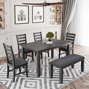 GLORHOME Piece Kitchen Dining Set for 6, Farmhouse Rustic Style Rectangular Wood Table and 4 Chairs 1 Bench with Padded Cushion for Family, Gray, Dark Grey