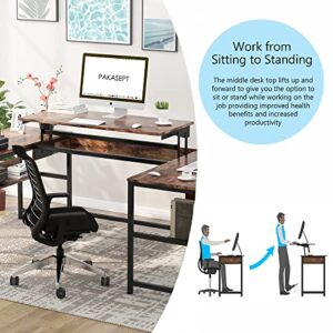 PAKASEPT U- Shaped Desk with Lift Top, Sit to Stand L Shaped Computer Desk, Height Adjustable Standing Desk with Storage Shelves and 3 Desktop for Home Office