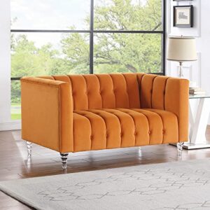 mikibama mid-century modern velvet loveseat sofa 57 inch button tufted couch chesterfield sofa with square arms & acrylic legs, 2 seater sofa for living room (orange)