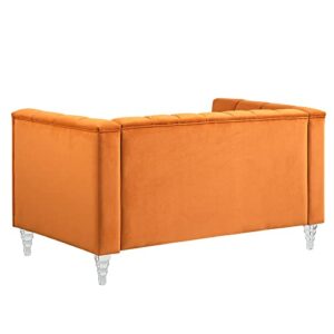 mikibama Mid-Century Modern Velvet Loveseat Sofa 57 Inch Button Tufted Couch Chesterfield Sofa with Square Arms & Acrylic Legs, 2 Seater Sofa for Living Room (Orange)