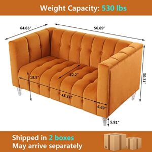 mikibama Mid-Century Modern Velvet Loveseat Sofa 57 Inch Button Tufted Couch Chesterfield Sofa with Square Arms & Acrylic Legs, 2 Seater Sofa for Living Room (Orange)