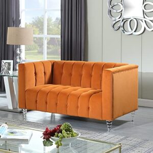 mikibama Mid-Century Modern Velvet Loveseat Sofa 57 Inch Button Tufted Couch Chesterfield Sofa with Square Arms & Acrylic Legs, 2 Seater Sofa for Living Room (Orange)