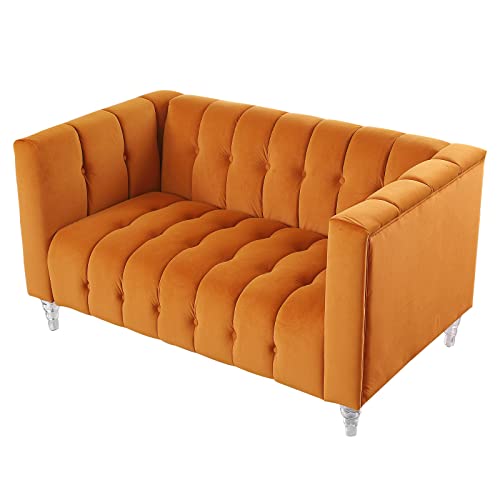 mikibama Mid-Century Modern Velvet Loveseat Sofa 57 Inch Button Tufted Couch Chesterfield Sofa with Square Arms & Acrylic Legs, 2 Seater Sofa for Living Room (Orange)