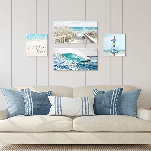 Coastal Canvas Beach Wall Art: 4 Piece Seascape Pathway Painting Surf Ocean Artwork Relax Seaside Street Sign Picture Summer Scenery Holiday Prints for Office Bedroom Bathroom Living Room