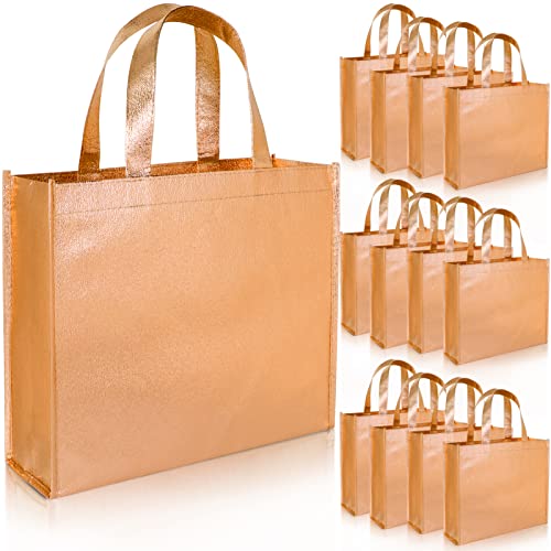 PHOGARY 12 Large Gift Bags with Handles, Stylish Tote Bags for Birthday Wedding Party Favor Christmas Present Wrap, Reusable Glossy Grocery Bags, non-woven fabric (Rose Gold)