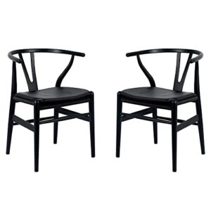 forsho set of 2 solid wood wishbone dining chair with pu soft seat cushion,mid-century y back weave dining chair（ash wood - black + cushion）