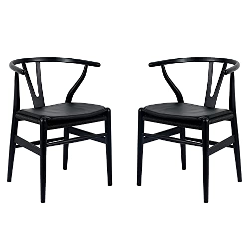 Forsho Set of 2 Solid Wood Wishbone Dining Chair with PU Soft Seat Cushion,Mid-Century Y Back Weave Dining Chair（Ash Wood - Black + Cushion）