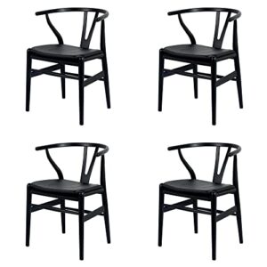 Forsho Set of 2 Solid Wood Wishbone Dining Chair with PU Soft Seat Cushion,Mid-Century Y Back Weave Dining Chair（Ash Wood - Black + Cushion）
