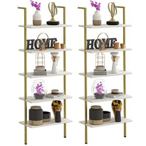 wolawu 5 tiers ladder 2-piece shelf white marble modern bookshelf open tall wall mount bookcase standing leaning wall shelves industrial decorative