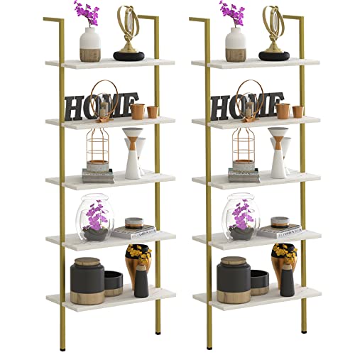 Wolawu 5 Tiers Ladder 2-Piece Shelf White Marble Modern Bookshelf Open Tall Wall Mount Bookcase Standing Leaning Wall Shelves Industrial Decorative