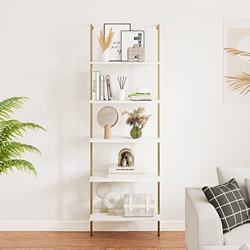 Wolawu 5 Tiers Ladder 2-Piece Shelf White Marble Modern Bookshelf Open Tall Wall Mount Bookcase Standing Leaning Wall Shelves Industrial Decorative