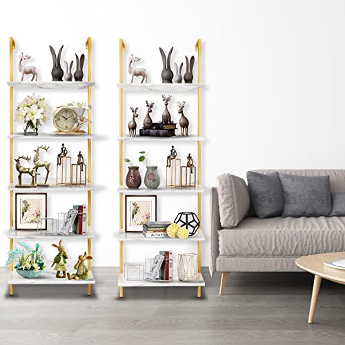 Wolawu 5 Tiers Ladder 2-Piece Shelf White Marble Modern Bookshelf Open Tall Wall Mount Bookcase Standing Leaning Wall Shelves Industrial Decorative