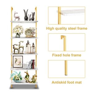 Wolawu 5 Tiers Ladder 2-Piece Shelf White Marble Modern Bookshelf Open Tall Wall Mount Bookcase Standing Leaning Wall Shelves Industrial Decorative