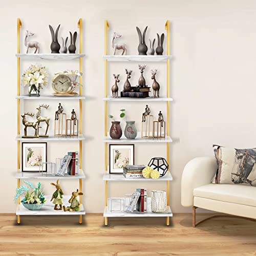 Wolawu 5 Tiers Ladder 2-Piece Shelf White Marble Modern Bookshelf Open Tall Wall Mount Bookcase Standing Leaning Wall Shelves Industrial Decorative