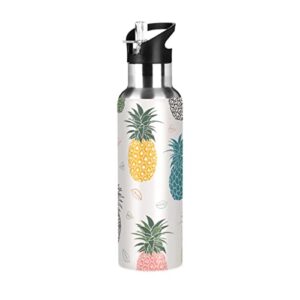 xigua pineapple water bottle with straw lid vacuum insulated stainless steel thermo flask for sports cycling hiking school home,20 oz.
