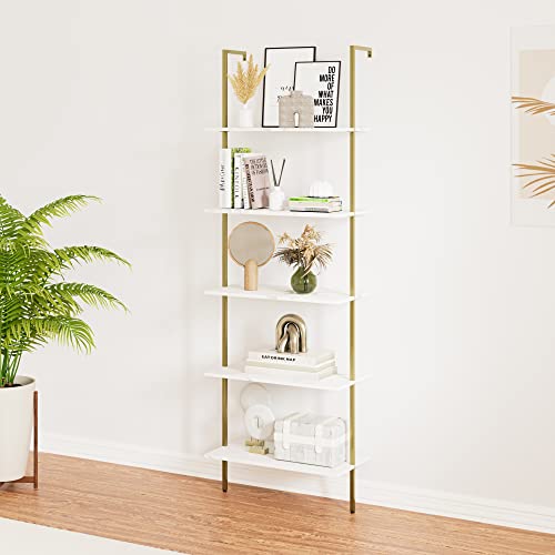 Wolawu 5 Tiers Ladder Shelf White Marble Modern Bookshelf Open Tall Wall Mount Bookcase Standing Leaning Wall Shelves Industrial Decorative