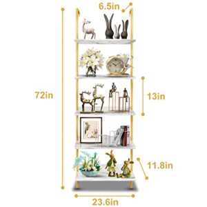 Wolawu 5 Tiers Ladder Shelf White Marble Modern Bookshelf Open Tall Wall Mount Bookcase Standing Leaning Wall Shelves Industrial Decorative