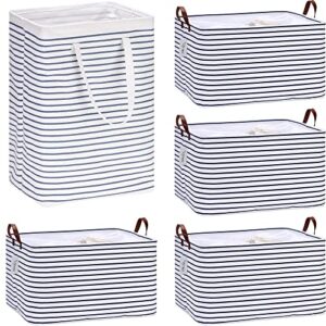 hinwo 4-pack 70l extra large canvas fabric storage bins with 77l laundry hamper, navy stripe
