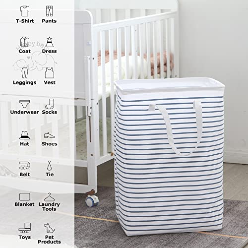 Hinwo 4-Pack 70L Extra Large Canvas Fabric Storage Bins with 77L Laundry Hamper, Navy Stripe