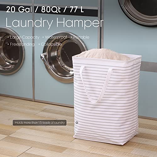 Hinwo 2-Pack 70L Extra Large Canvas Fabric Storage Bins with 77L Laundry Hamper, Grey Stripe